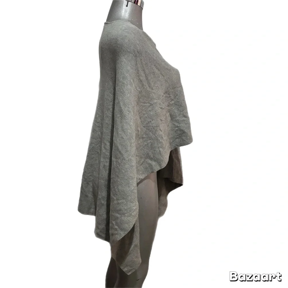 Gray Poncho Shawl Wrap Knit Sweater Cape Soft Cozy One Size Layer Asymmetrical